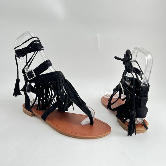 Forever 21 Sandals Women Size 6.5M Black Fringe Thong Up Leg Ties - Picture 3 of 13